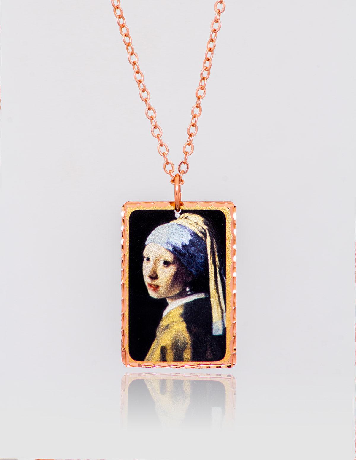 Johannes Vermeer Girl with a Pearl Earring Rectangle Necklace - artucky-US - Girl with a Pearl Earring, import_2022_07_19_113509, Johannes Vermeer, kolye, tasarım kolye