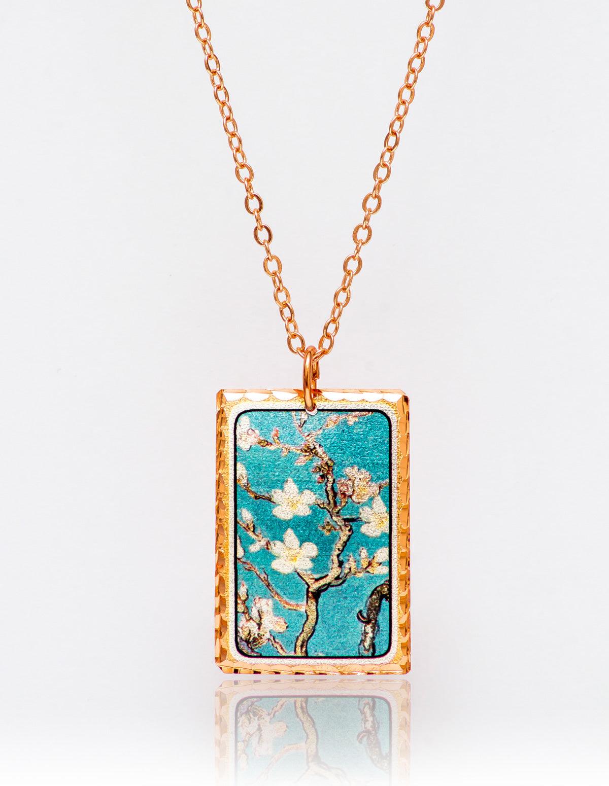Van Gogh Almond Blossom Rectangle Necklace - artucky-US - almond, almond blossom, badem, import_2022_07_19_113509, kolye, van gogh, vincent, vinvent, çicek