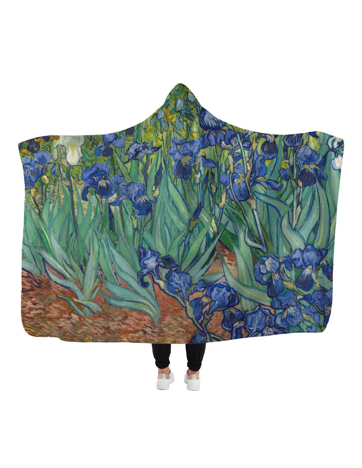 Vincent Van Gogh Irises Hoodie Blanket - artucky-US - battaniye, giyim, import_2022_07_19_113509, irises, kapşonlu, kapşonlu battaniye, van gogh, van gogh battaniye, vincent, vincent van gogh