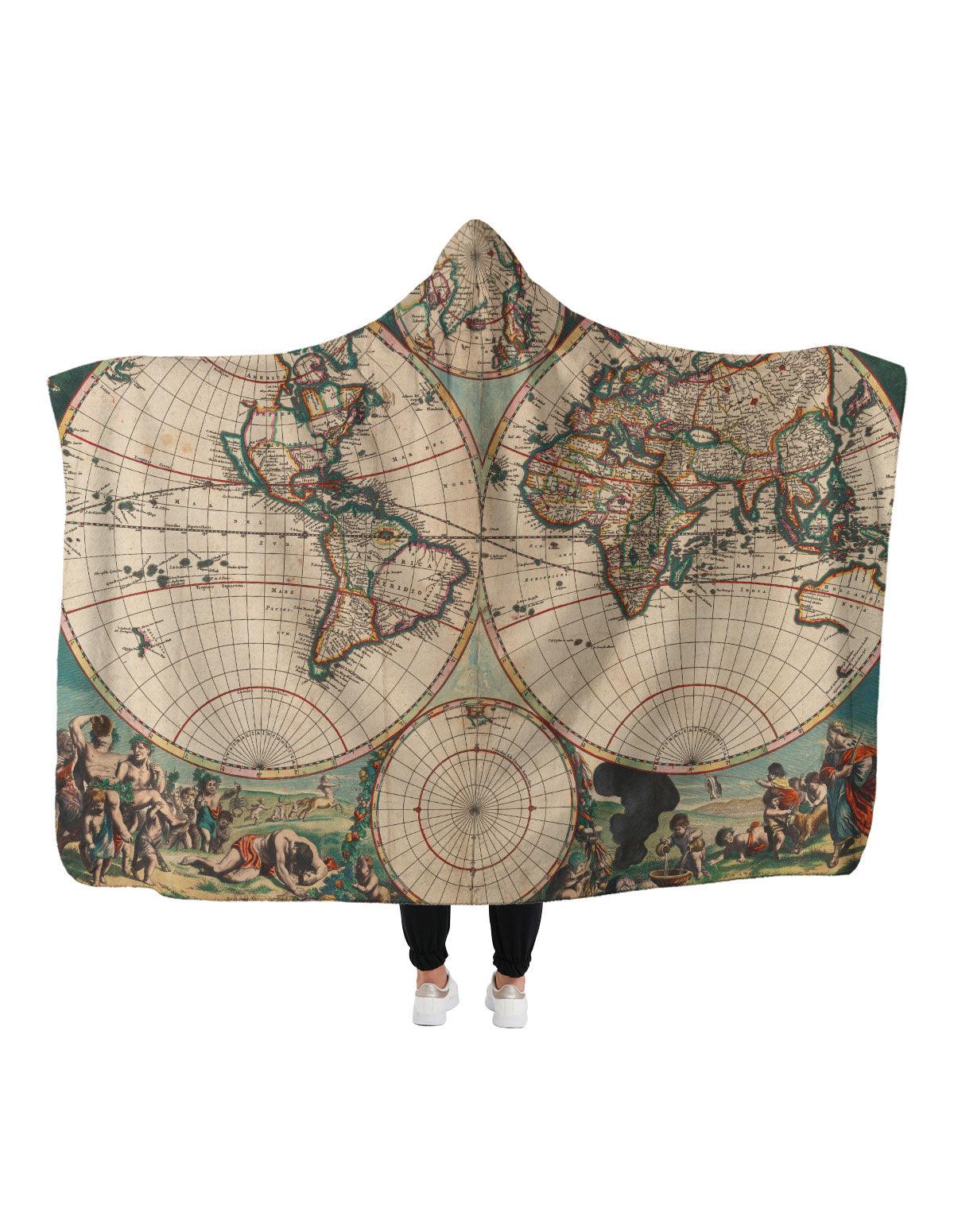 Vintage World Map Hoodie Blanket - artucky-US - battaniye, giyim, import_2022_07_19_113509, kapşonlu, kapşonlu battaniye, map, maps, van gogh, vintage, world map